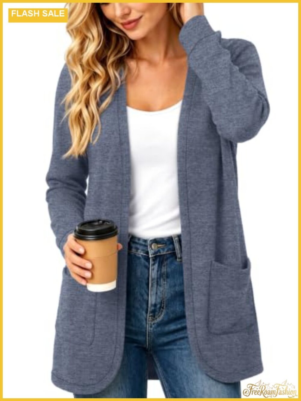 Womens Open Front Cardigan Long Sleeve Knit Sweater with Pockets